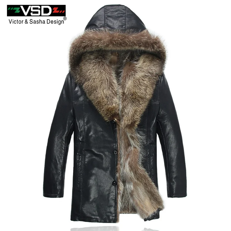 Freeshipping Winter Fashion Men's Coats Raccoon Fur PU Leather Jacket Hat Keep Warm Leather Jackets Man High Quality Hot Sale VS