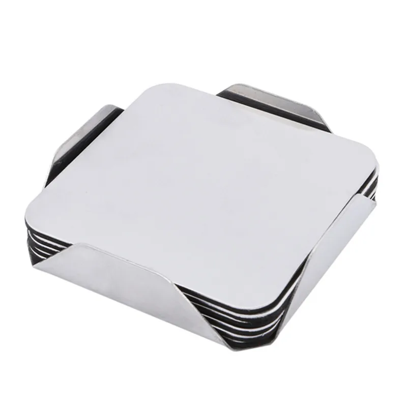 

6pcs/Set Stainless Steel Coaster Cup Mats Pads Round Square Kitchen Tools Heat Resistant Non-slip Pad Table With Holder Metal