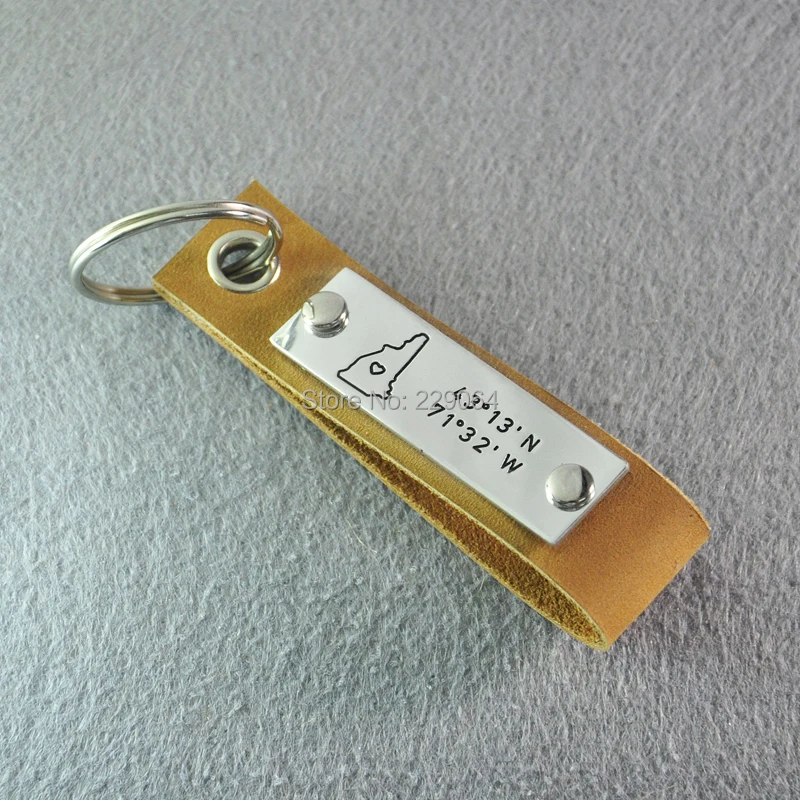 

Custom New Hampshire key chain, Custom longitude and latitude, coordinate map key chain, State charm, leather State map keyring