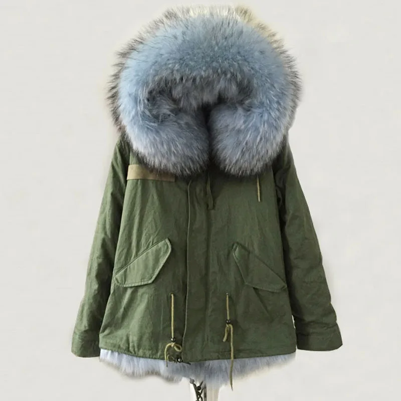Winter Army Green Coat Light Blue real fox High quality warm thick fur lining Male parka