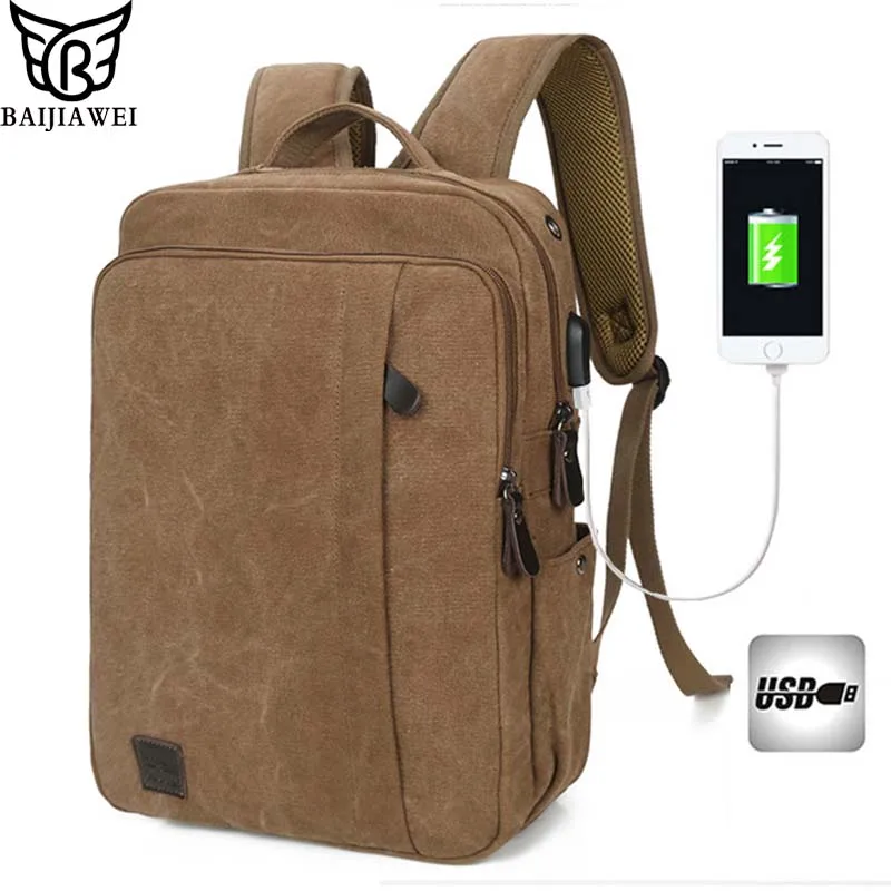 

BAIJIAWEI Canvas External USB Charging Backpack 15 Inch Computer Bag Man's Anti-theft Washing Canvas Backpack Men Travel Bags
