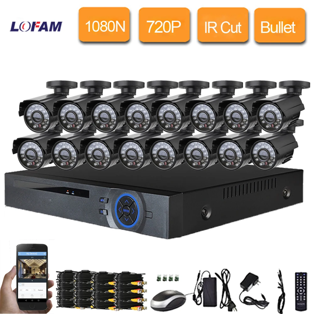 LOFAM 16CH CCTV система видеонаблюдения AHD 1080N DVR комплект с 16 шт Пуля Открытый 720P 1.0MP