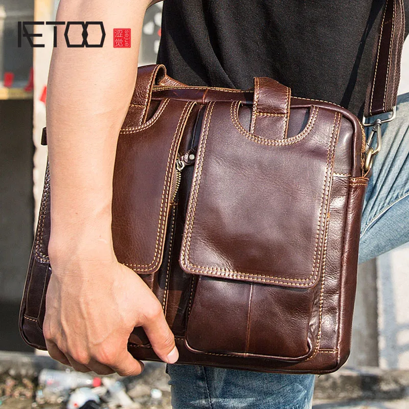 

AETOO Genuine leather men's Briefcase vintage business computer bag fashion messenger bags man shoulder bag postman male Handbag