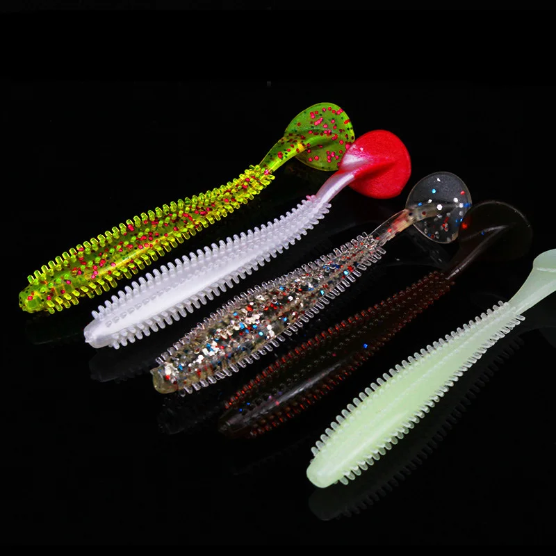 

Amlucas 5pcs/lot 6cm/9cm Soft Fishing Lure Sea Cucumber Paddle T-Tail Single Tails Grub Worm Glow Fish Silicone Bait WW1085