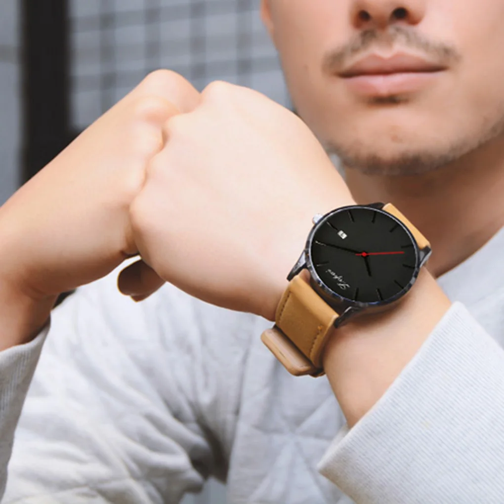 

Mens Round Dial Watch Male Clock Business Leather Band Casual Sports Quartz Clock Wrist Watch