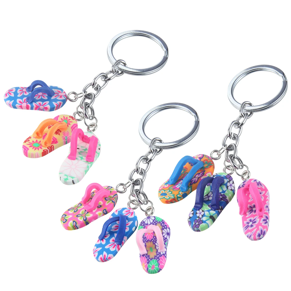 

QIBEI 2018New Women/Men's Fashion lovely DIY Polymer Clay Beads flip flop Key Chains Key Rings Alloy tassel Charms Gifts