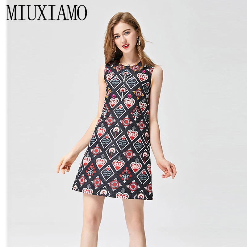 

MIUXIMAO 2023 Newest Spring & Summer Fashion A-Line O-Neck Sleeveless Tank Heart Diamonds Elegant Print Above Knee Dress Women