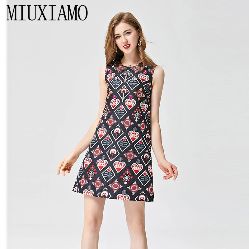 

MIUXIMAO 2019 Newest Spring & Summer Fashion A-Line O-Neck Sleeveless Tank Heart Diamonds Elegant Print Above Knee Dress Women