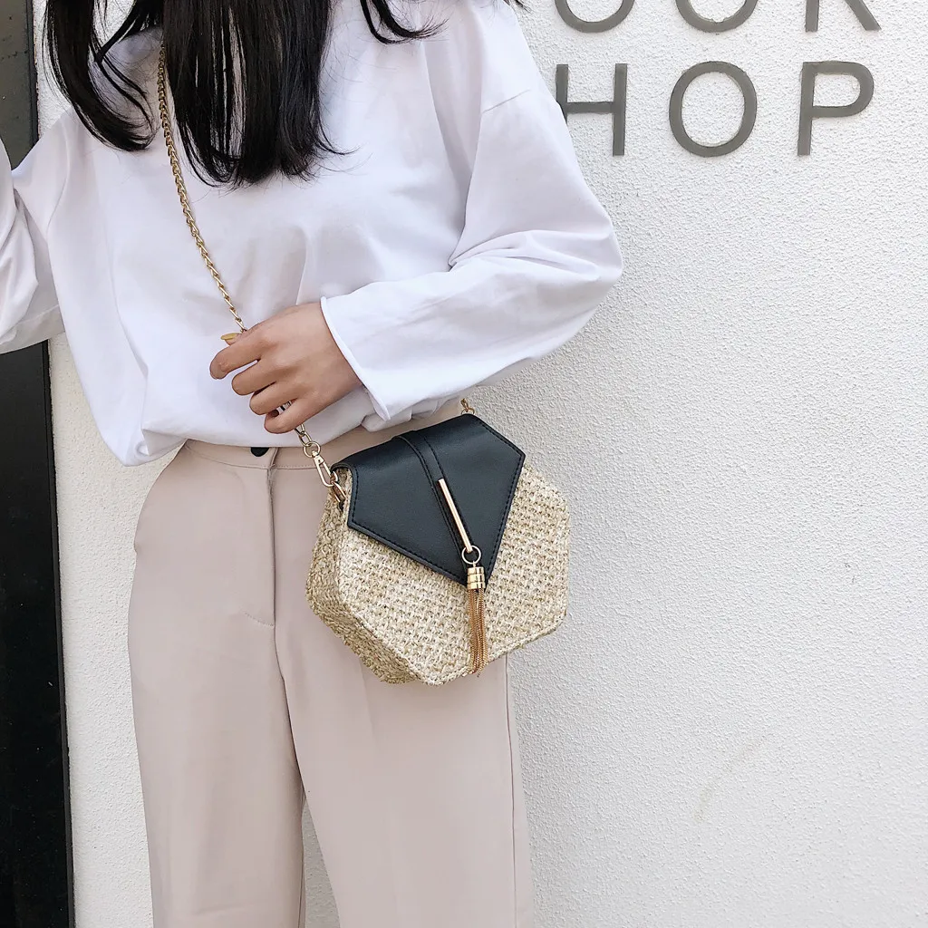 

Simple Hexagon Chains Weaving Straw Bags Women Shoulder Bags Tassel Messenger Bag 2019 Pu Leather Patchwork Handbags Female Chic