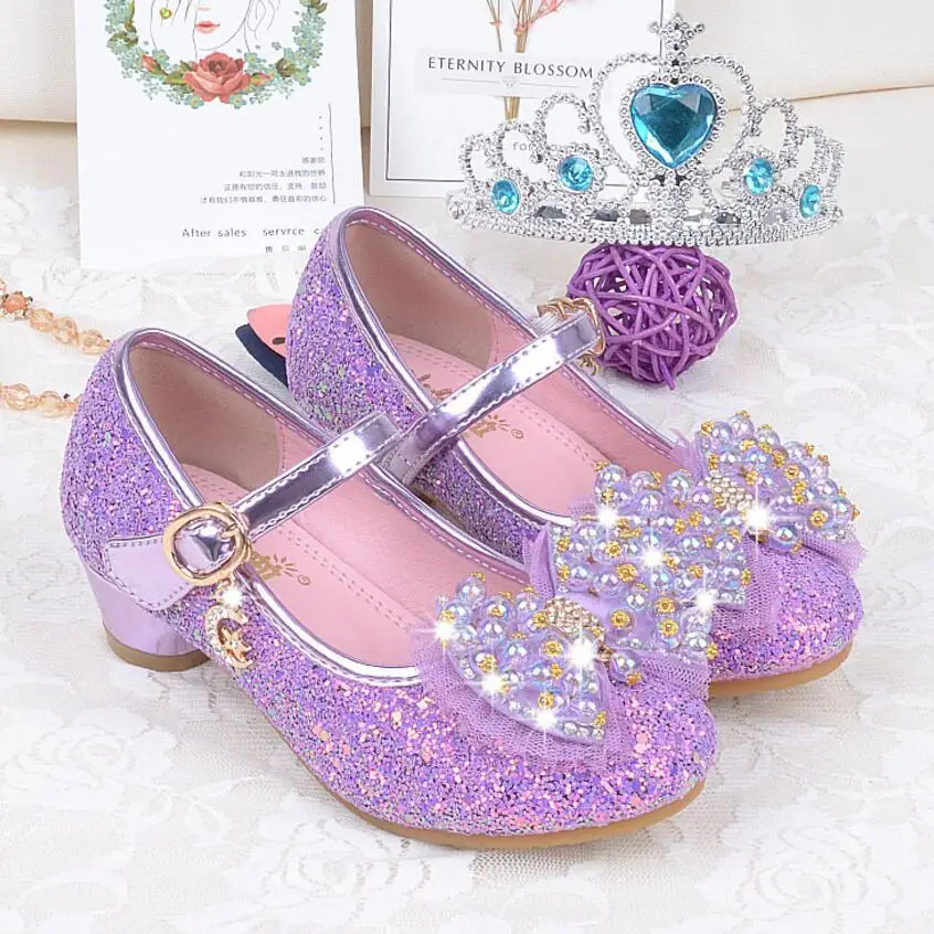 

New Autumn Children Shoes Girls Bow Beading Leather Low Heel Slip Sandals For Baby chaussure menina Pink Purple Gold