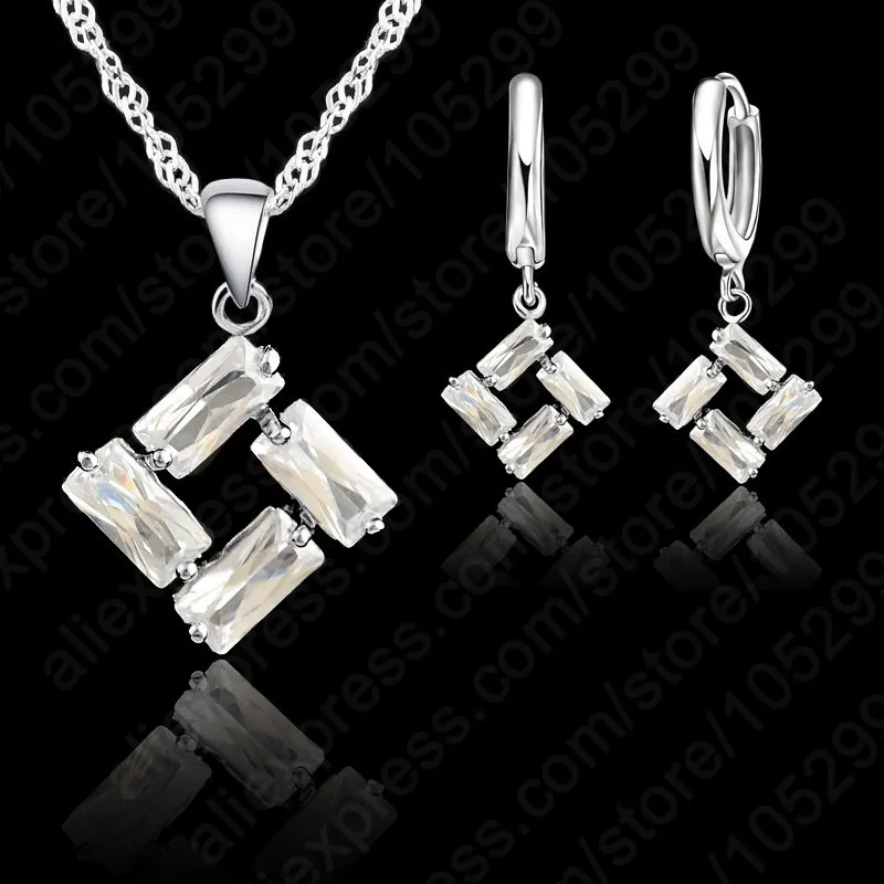 

2019 Brand Design European Style 925 Sterling Silver Jewelry Set Geometry Crystal Wedding Necklace Earrings Set