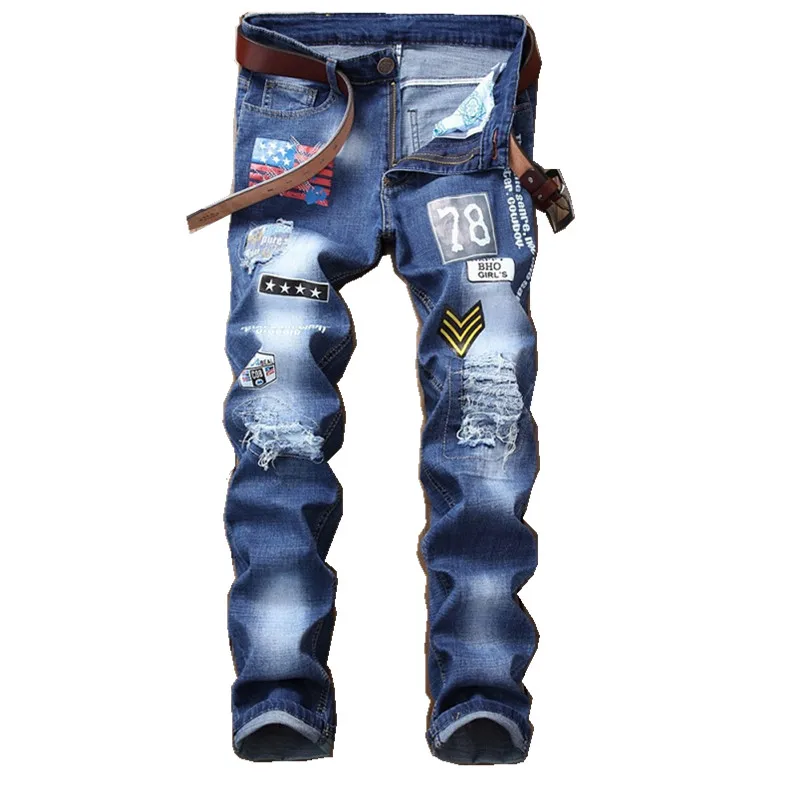

New Fashion Men's Jeans Patchwork Spliced Ripped Denim Jeans Male Straight Slim Patch Beggar Hole Silm Pants Print Jeans