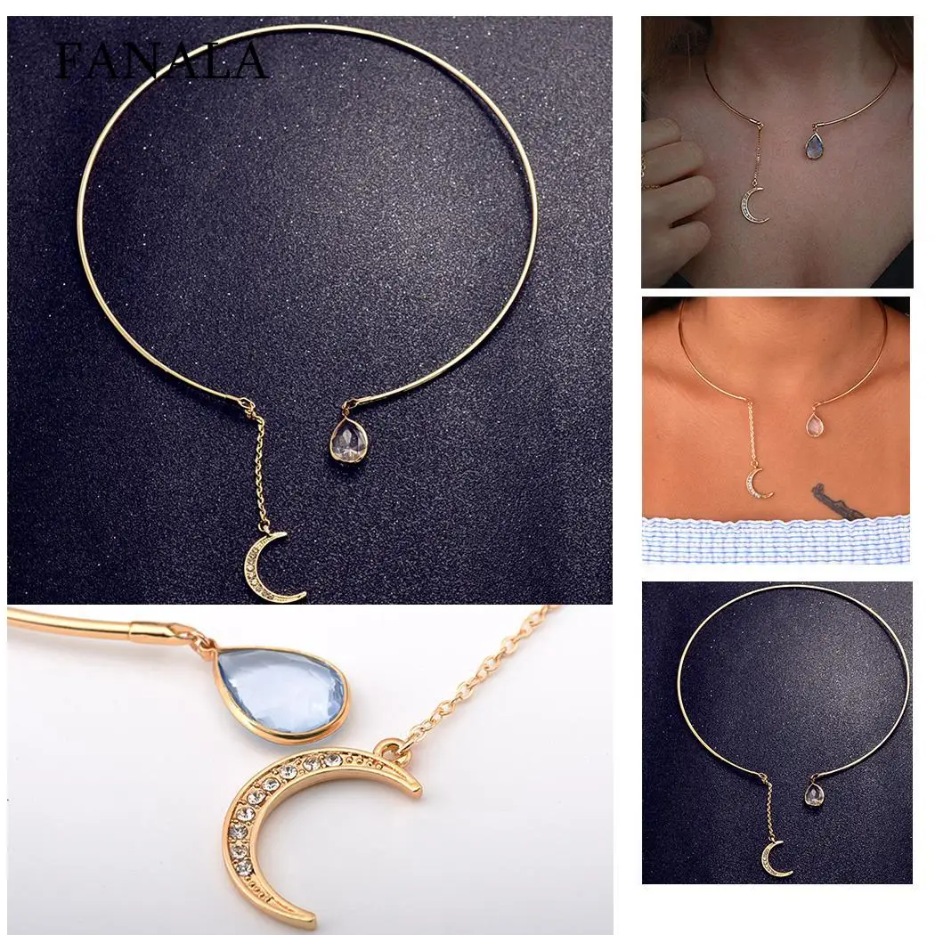 Круговой моды Открыть Rhinestone Для женщин Moon капли воды кулон колье Цепочки и