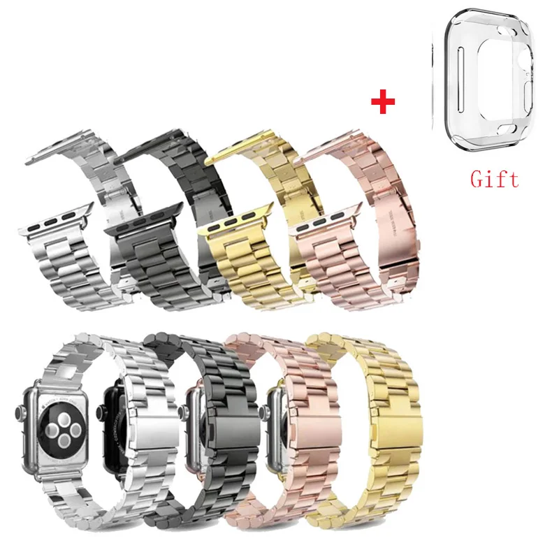

New Fashion Stainless Steel Strap For Apple Watch band For Iwatch Band 44mm correa bracelet belt watch Accessories+Protect case