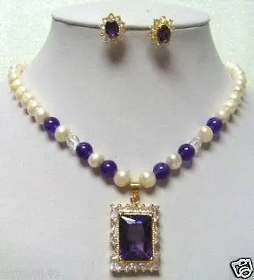 

Wholesale free shipping >>7-8mm Fresh water white Pearl Purple amethyst pendant Necklace Earring Sets