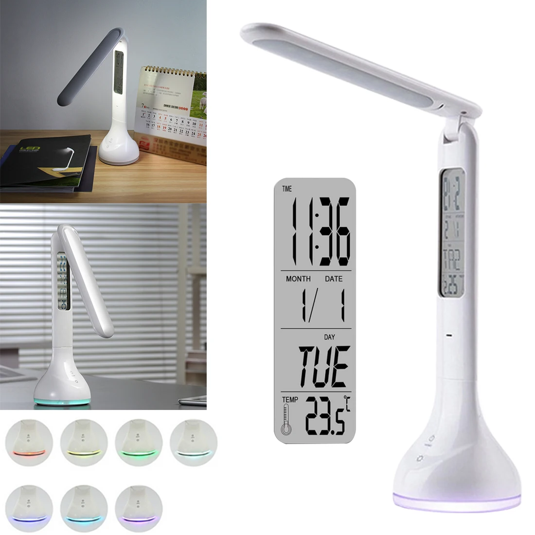 

LED Desk Light With Alarm Clock Foldable Dimmable Desk Table Lamp Calendar Temperature Atmosphere Colors Changing Multifunction