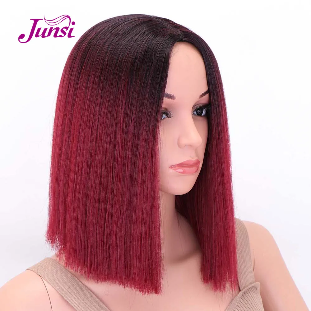 Junsi Short Red Bob Synthetic Wigs Black Straight Hair Middle Part