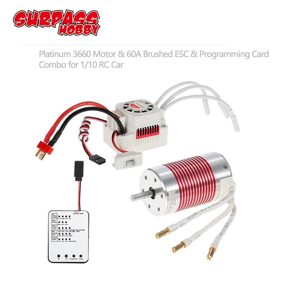 

SURPASSHOBBY Platinum Waterproof Combo 3660 4300KV 3800KV 3300KV 2600KV Brushless Motor w/ 60A ESC Programming Card for 1/10