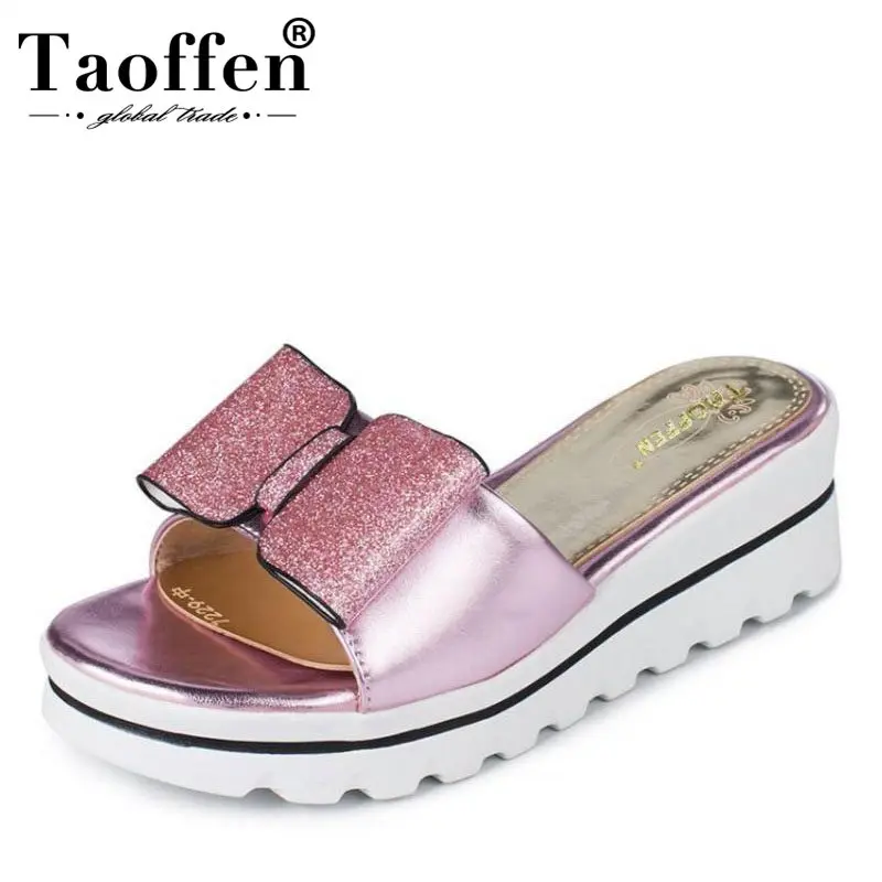 

TAOFFEN Size 32-42 Sexy Lady Wedges Sandals Bow S Open Toe Shine Slipper Summer Shoes Women Vacation Party Club Footwear