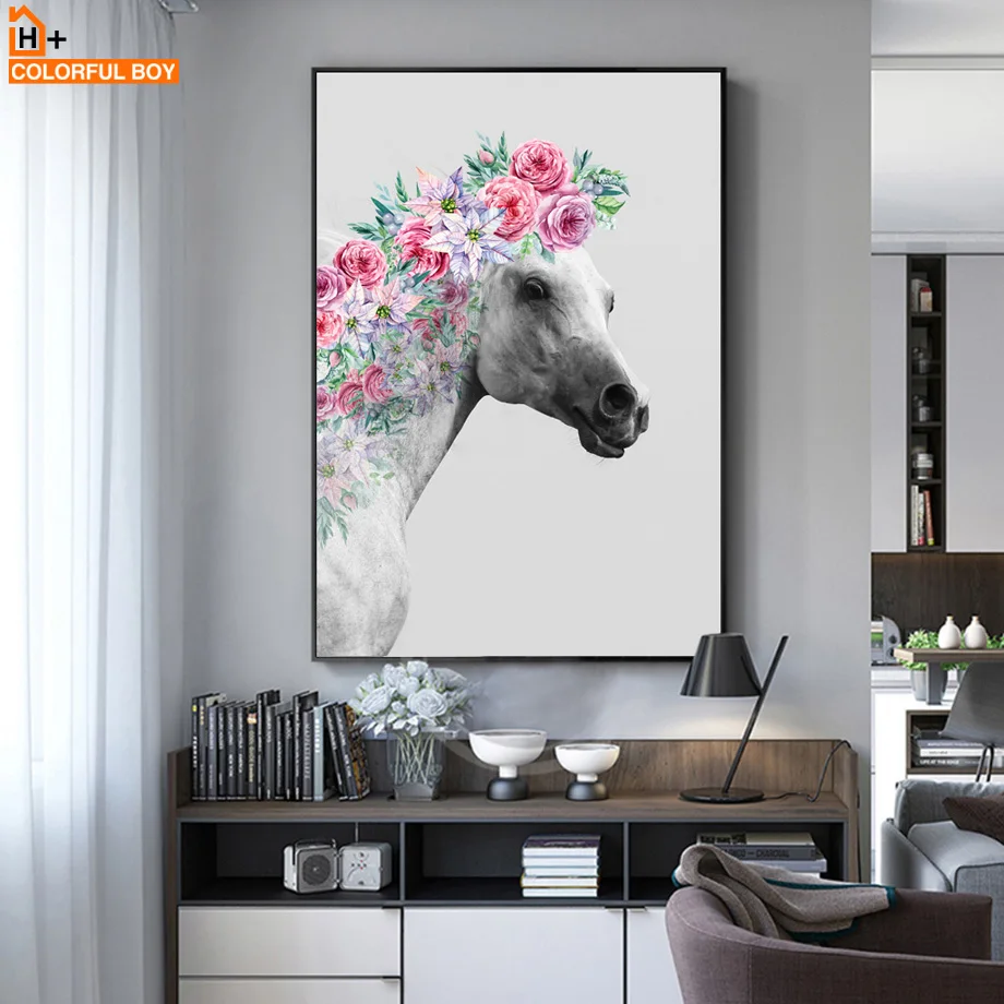 

COLORFULBOY Horse Flower Canvas Art Print Modern Abstract Posters And Prints Canvas Painting Wall Pictures For Living Room Decor
