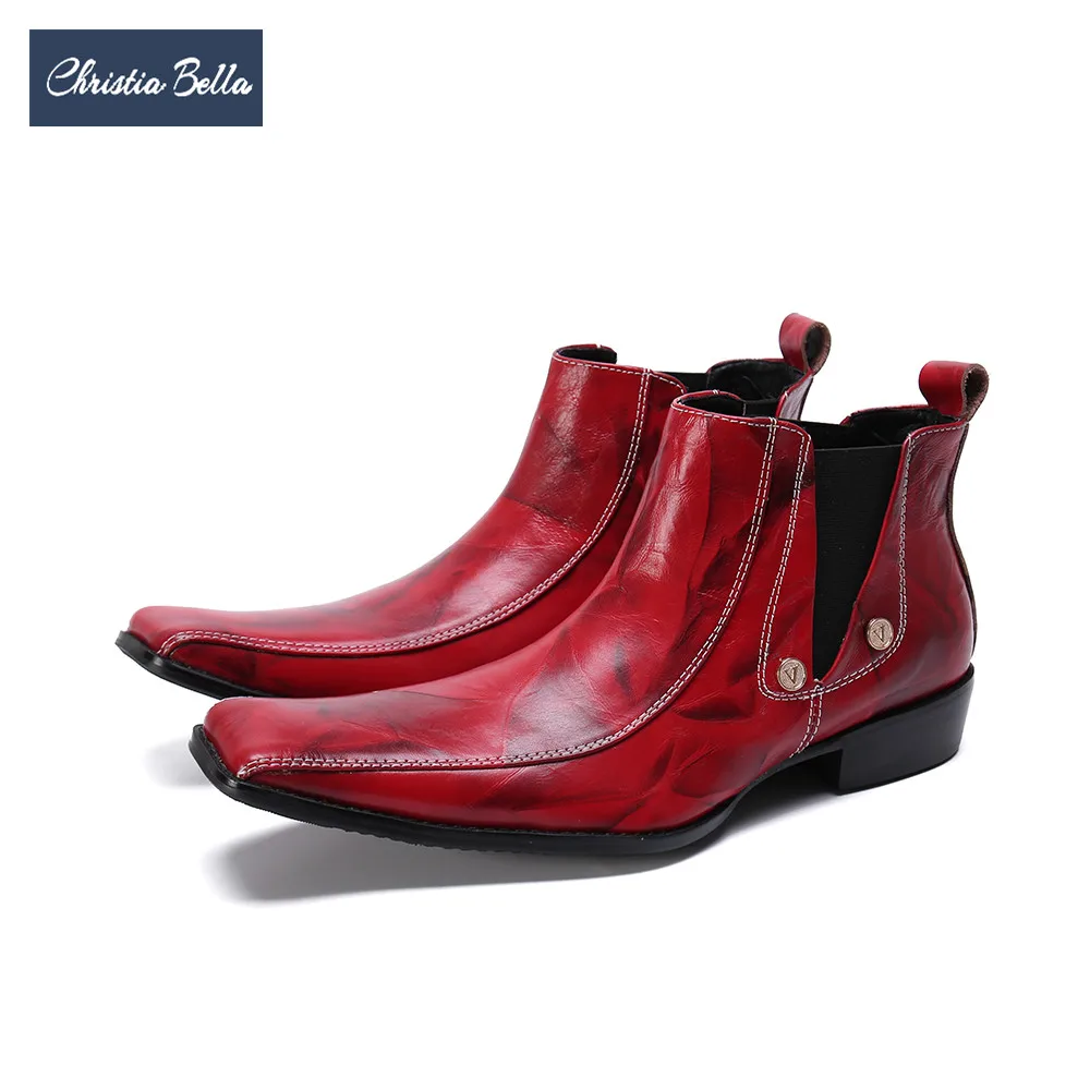 

Christia Bella new fashion genuine leather men boots red square toe ankle boots party dress shoes winter men cowboy short boots