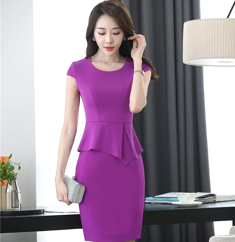 Новинка, Красная тонкая модная летняя юбка с коротким рукавом, костюмы из 2 предметов, топы и юбка, OL стили для женщин, для офиса, большие размеры - Цвет: Purple