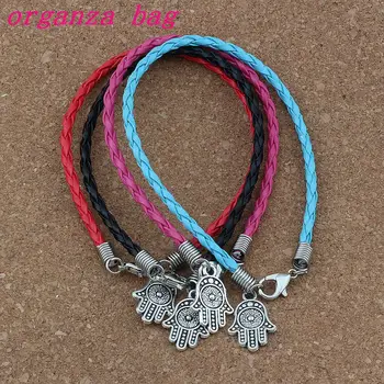 

40pcs/lots leather bracelet Hamsa Hand Zinc alloy Charms Pendants Bracelet 4 color B-377