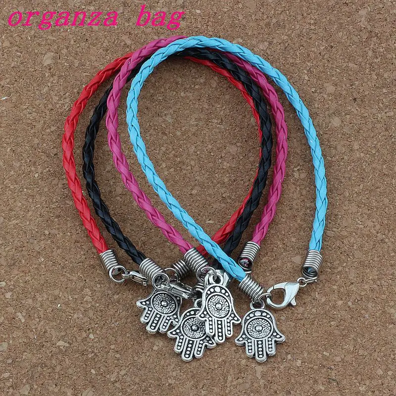 

50pcs/lots leather bracelet Antique silver Hamsa Hand alloy Charms Pendants Bracelet 4 color B-377