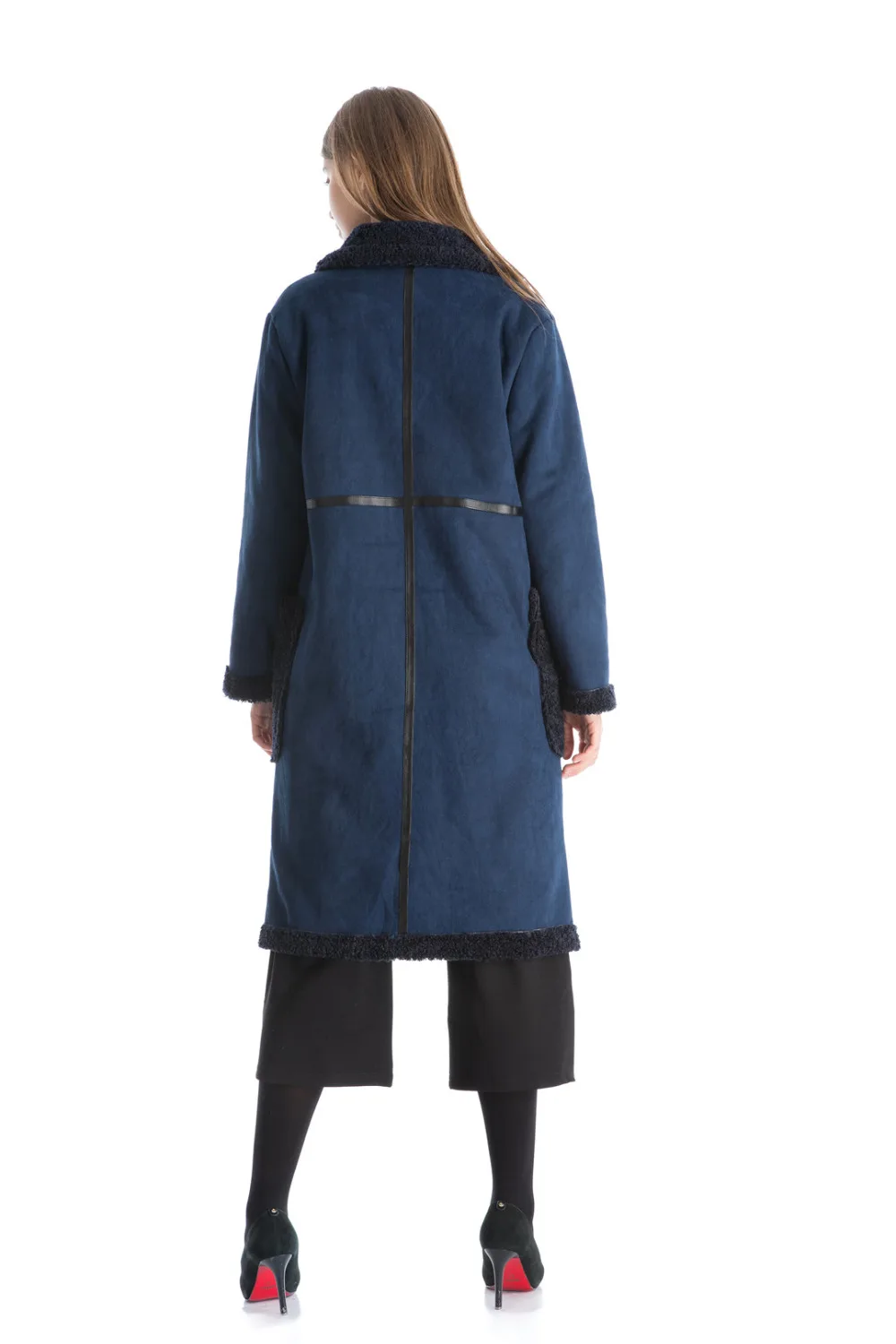 Зимнее женское длинное пальто из овечьей шерсти, женское замшевое пальто, двубортное, теплое, с длинным рукавом, из кожи, в стиле пэчворк, темно-синего цвета, очень мягкое