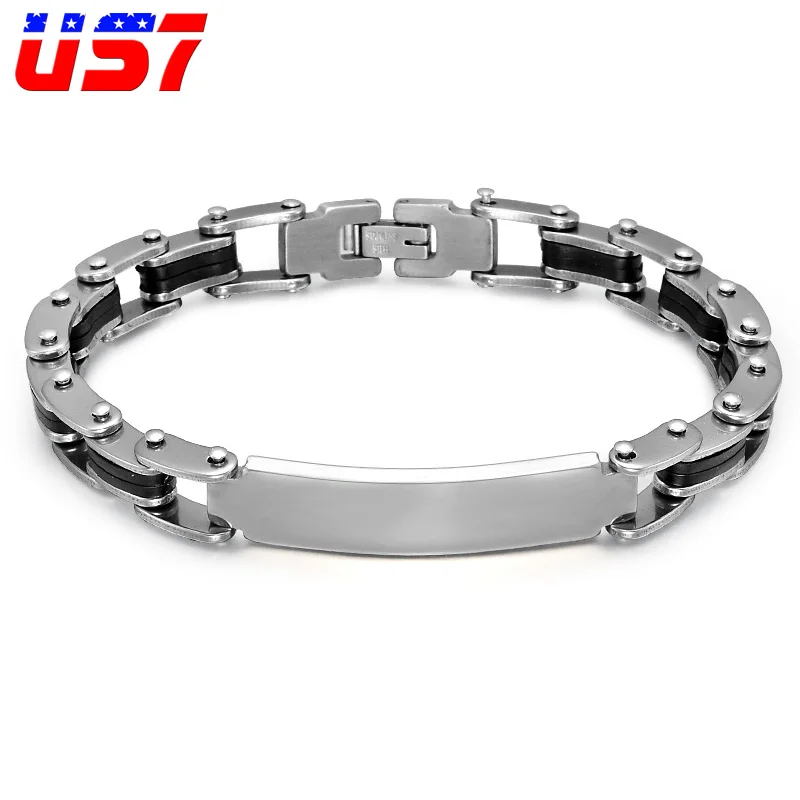 US7 Cool Stainless Steel ID Bracelet Bike Bicycle Chain Link Laser Engrave Bracelets For Men