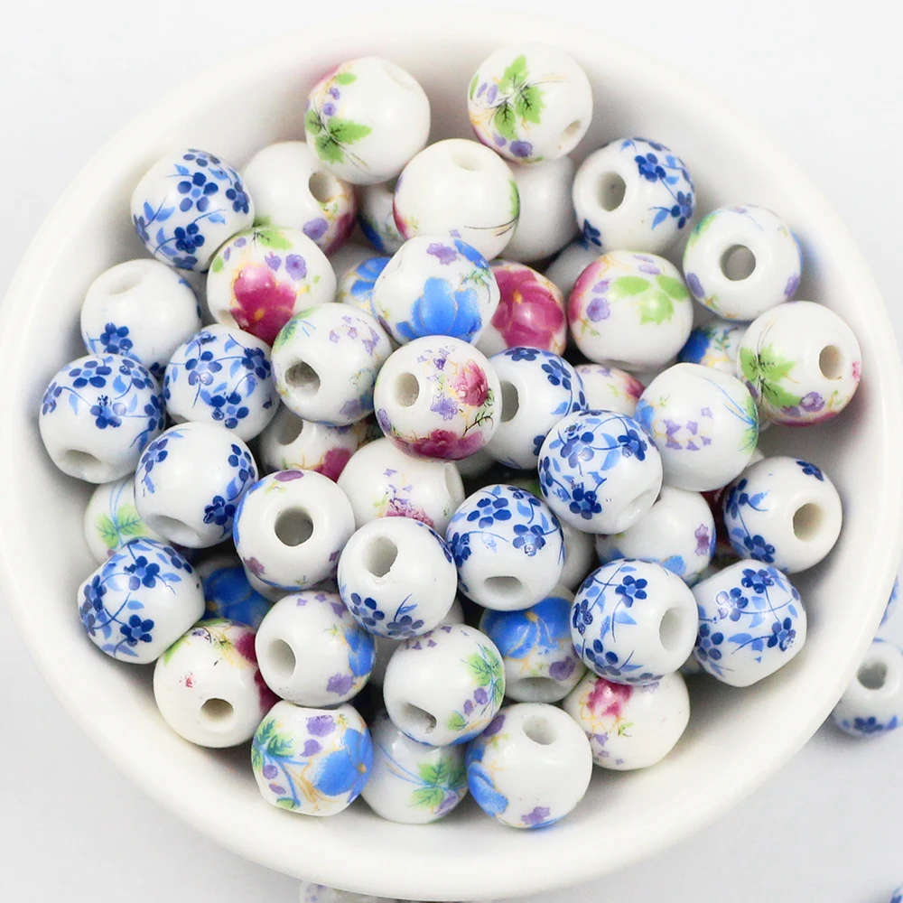 JHNBY 30pcs Decal Ceramic beads 8/10/12MM Plum and Peony Spacer Round