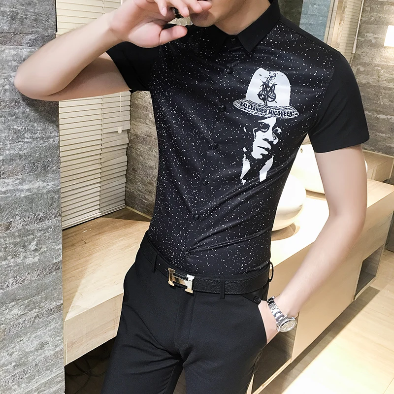 Новый летний ночной ветер Черный Micro печатных рубашки мужские рукав рубашки мужчин играть с коротким футболки с рукавами 1648 P50 два цвета