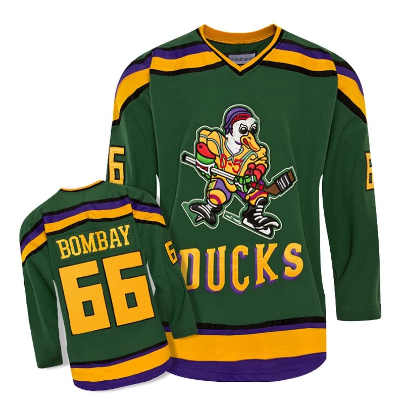 

TIM VAN STEENBERGE Mighty Ducks Movie Jersey #66 BOMBAY Hockey Jersey with a hat Stitched All Sewn-Green p01796