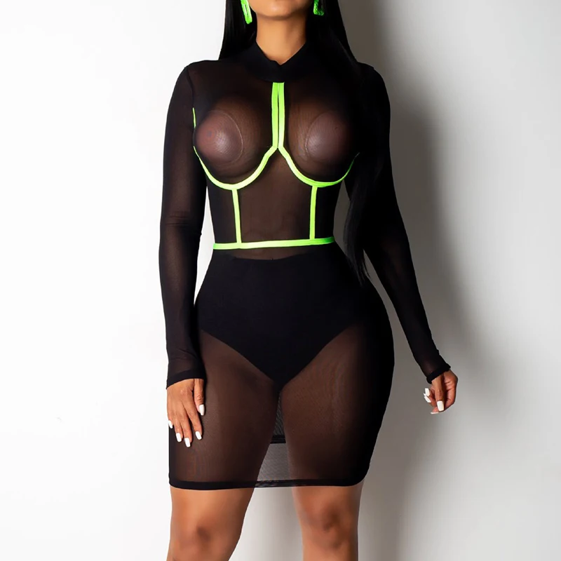 

Sexy Nightclub Mesh Sheer Bodycon Dress Patchwork Hollow Out Full Sleeve Women Plus Size See Through Beach Party Mini Dress