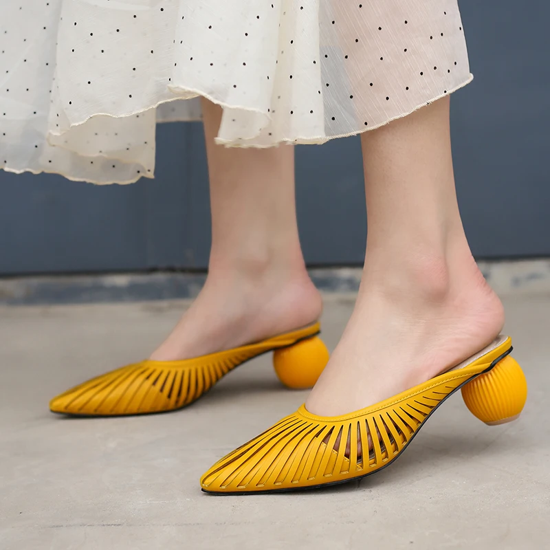 

Genuine Leather Slippers Cutouts Sandals Pointed toe Strange Style High Heels Summer Flip Flops Outside Sandalia Feminina