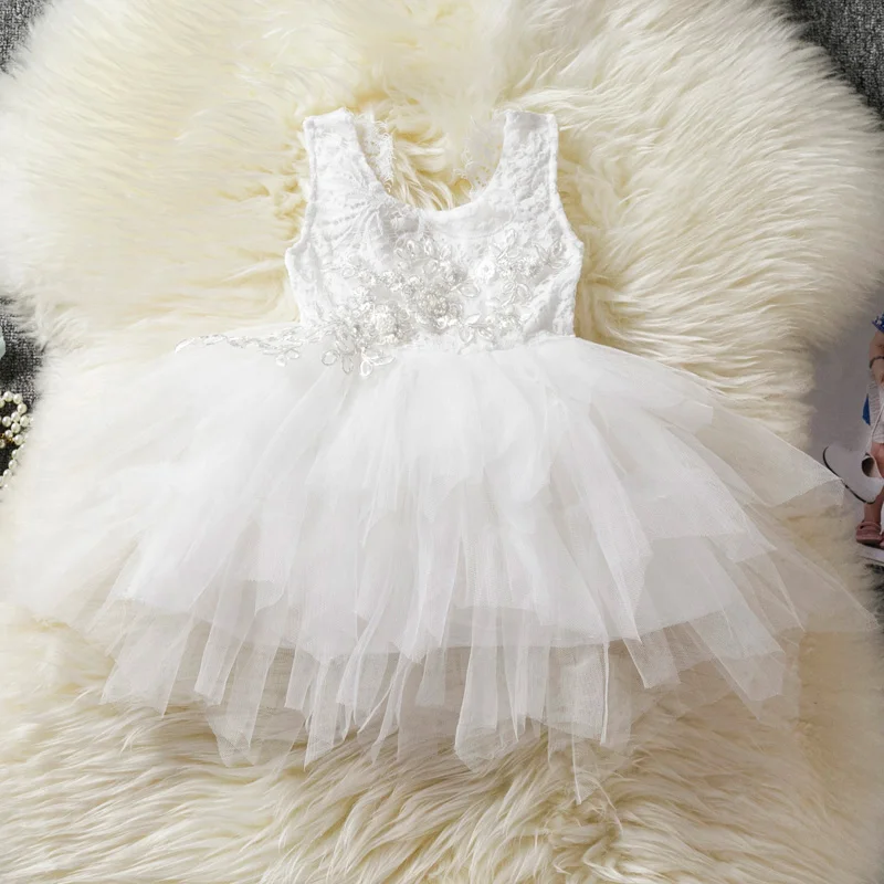 Girl's Cute O-Neck Multi Style Sleeveless Tulle Dress White
