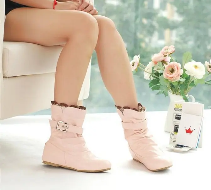 Karinluna/Женская обувь; большие размеры 34-43; осенне-зимние женские ботинки; милые женские полусапожки с оборками и пряжкой; женская обувь - Цвет: Розовый