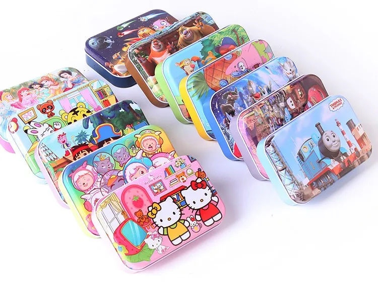 

60pcs/set Wooden Puzzle Cartoon Toy 3D Wood Puzzle Iron Box Package Jigsaw Puzzle for Children Early Educational Montessori Toys