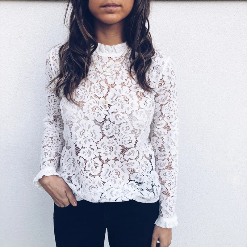 

2019 Women Sexy Lace Hollow Out Perspective Blouse Shirt Elegant Flare Sleeve Black White Blouses Casual Floral Tops