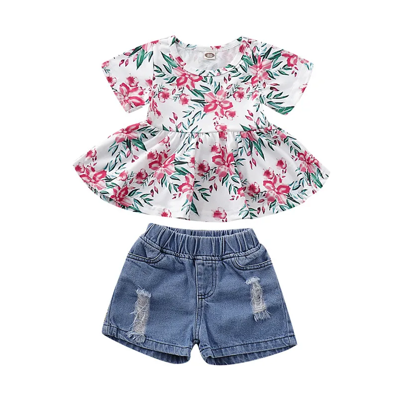 

Casual Cotton Baby Girls Summer Clothes Newborn Children Clothing Sets For Girl Floral Short Sleeve Jeans Denim Shorts Suit D25