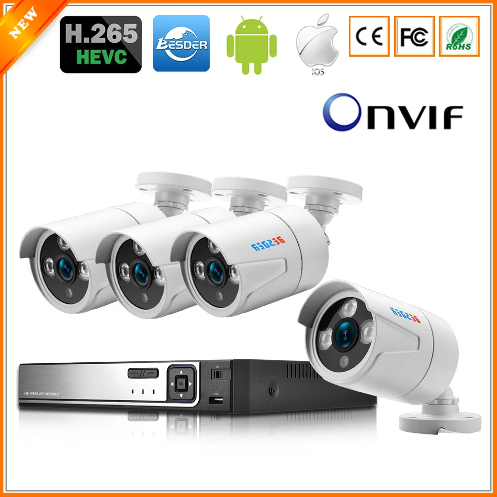 

BESDER H.265 5MP 2592*1944 Surveillance CCTV System 48V PoE 4CH NVR Kit 5MP 3MP 2MP Waterproof Outdoor Bullet PoE Cameras H.265