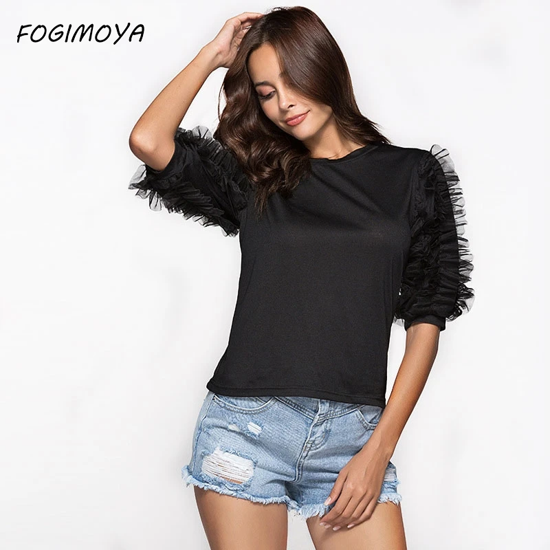 FOGIMOYA Футболка женская 2018 летняя модная сетчатая Лоскутная однотонная черная Топ