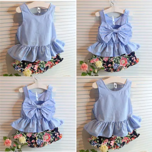 

1-5 ages 2017 New summer girls clothing sets fashion children girls lace floral bowknot vest + shorts 2 pic clothing suits girls