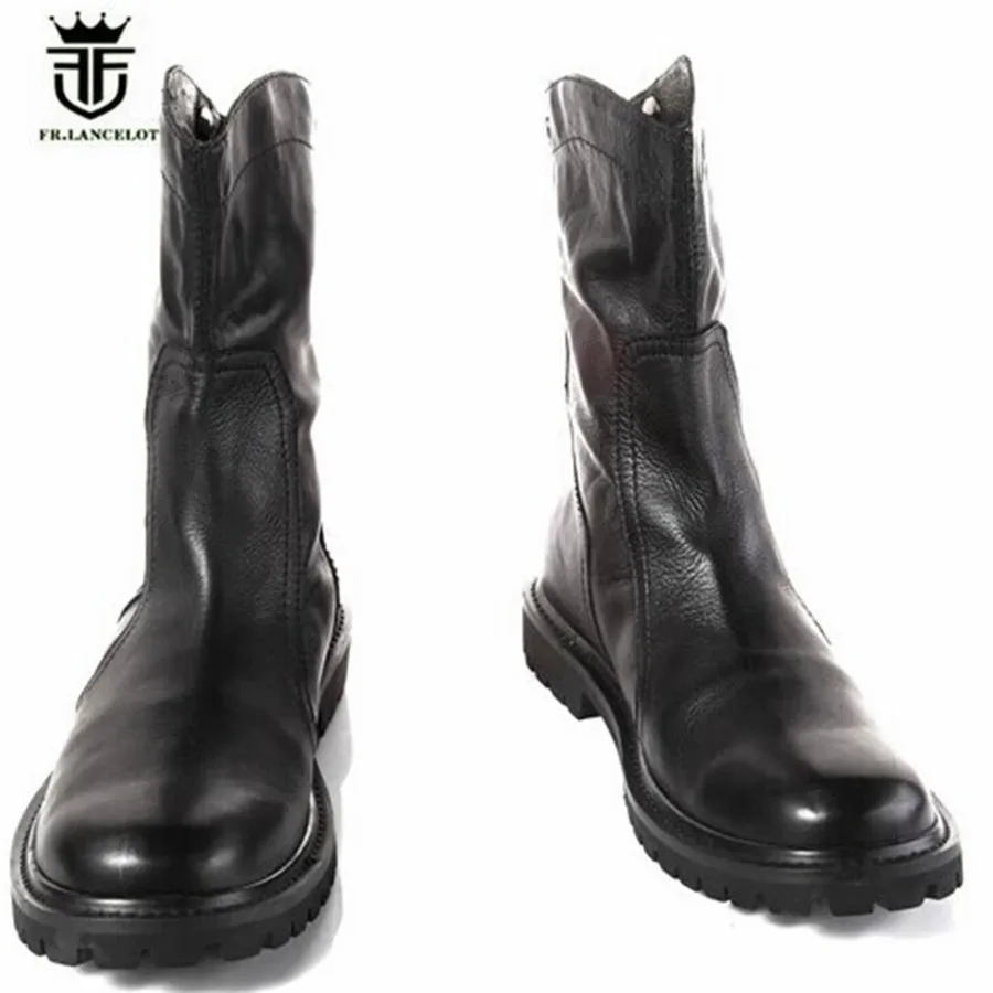 High Top England Genuine Leather Knight Cowboy Boots New Zip Warm Plush