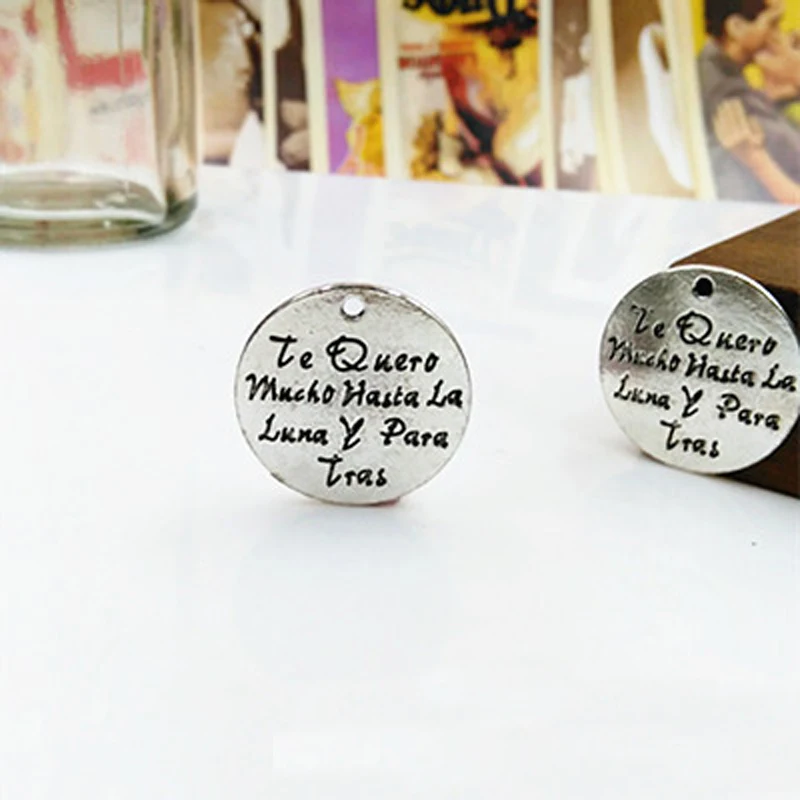 5pcs lot antique silver plated round charm spanish word i love you