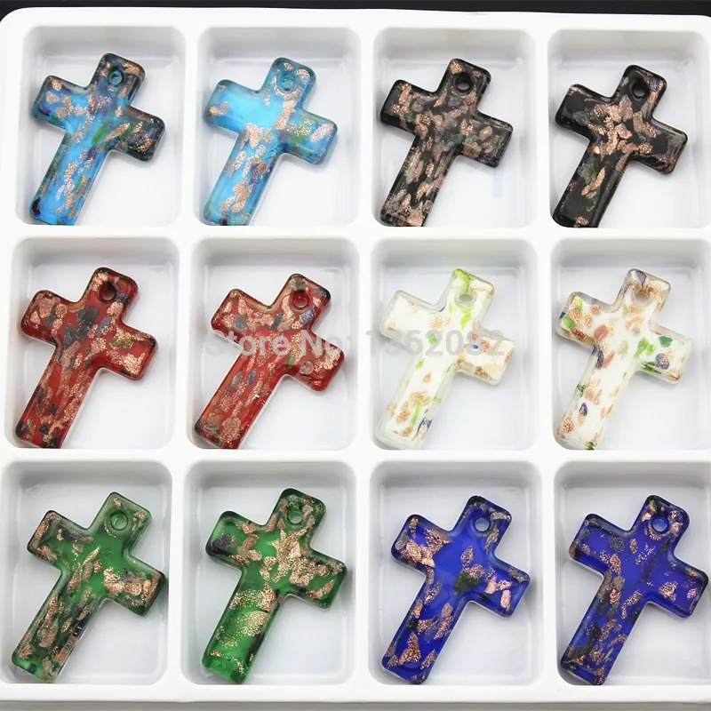

Fashion 12pcs/lot Mixed Color Unique Lampwork Murano Art Glass Cross Charms Pendant Necklace for men womens Gift YC24