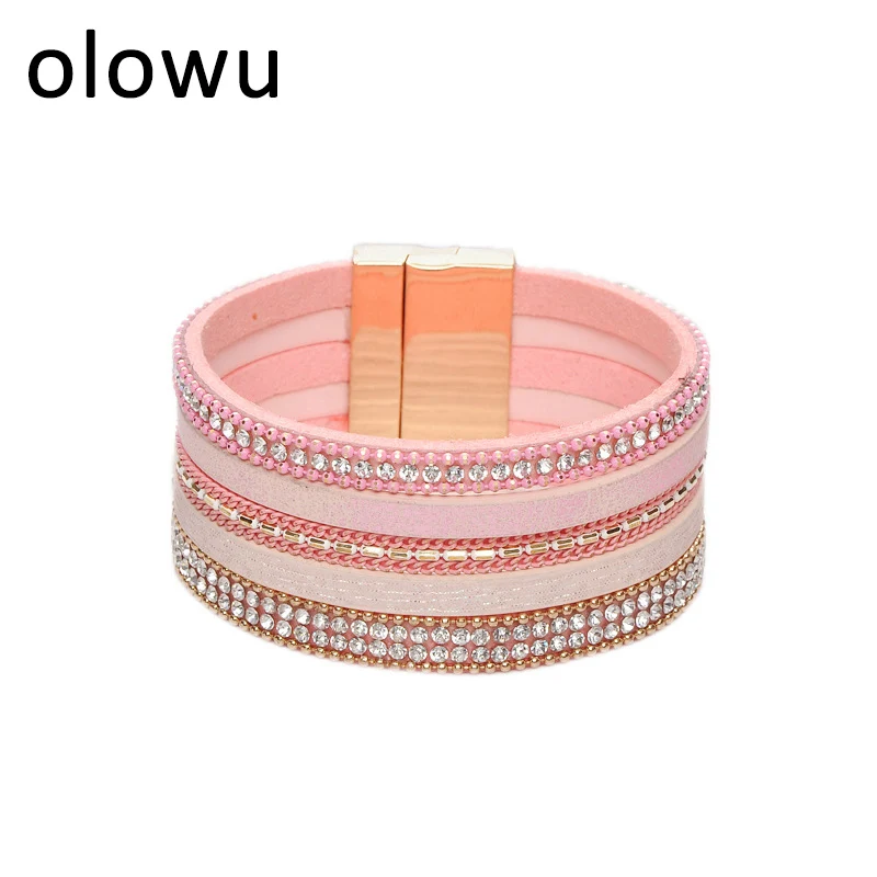 olowu Pink Blue Color Gold Wide Magnetic Buckle Bracelets Bohemian design Leather Crystal Bracelets & Bangles Jewellery Women