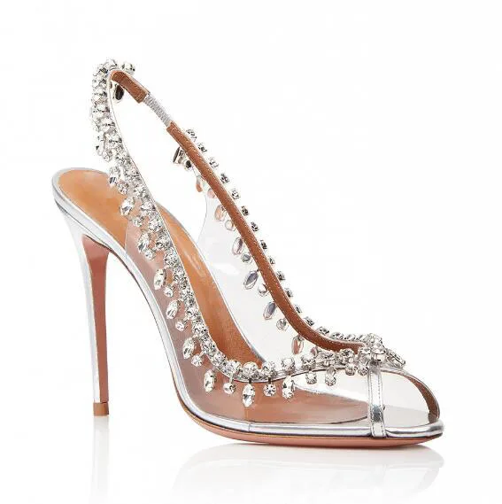 

Carpaton 2018 Summer Sexy New women's PVC peep toe slingback shallow mouth high heels gorgeous rhinestone fashion shoes silver
