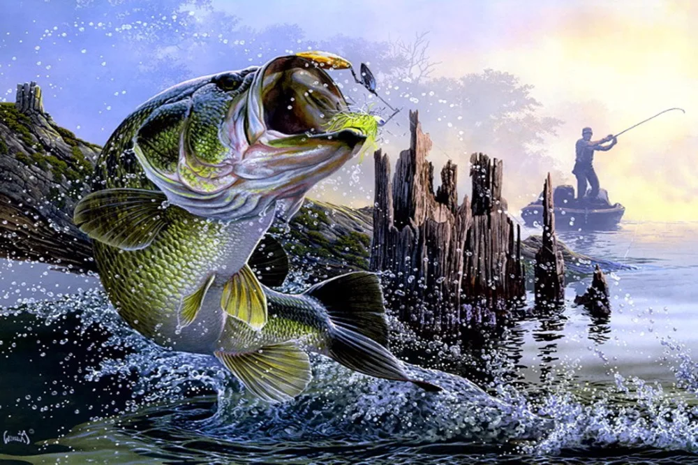 1044 Bass Fishing Lake Sunset Fisherman Painting Art Wall Sticker Art