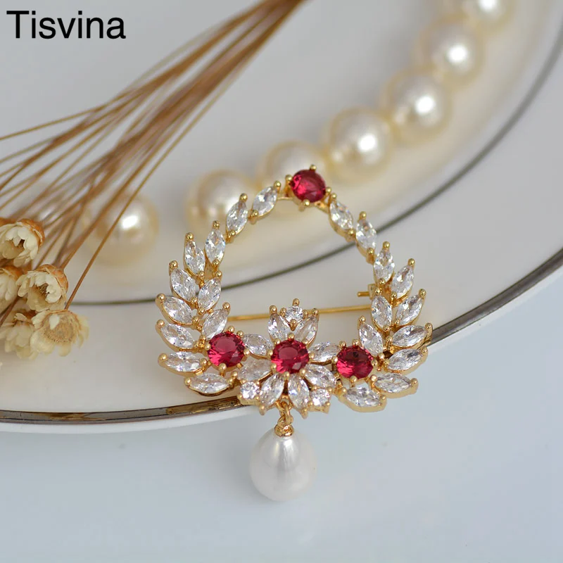 

Tisvina Flower Brooches Pearl All Big Bling Zircon crystal for women Corsages Sweater Suit Accessories Pins Costume Jewelry Gift
